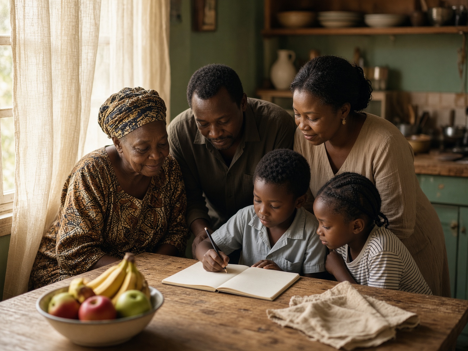 A family practising together at the kitchen table